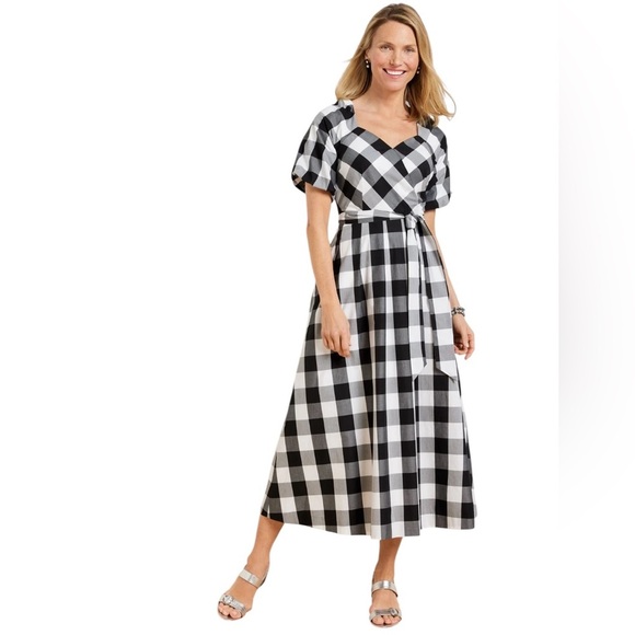 Talbots NWOT zinnia gingham fit & flare poplin midi dress in black white - Picture 2 of 13